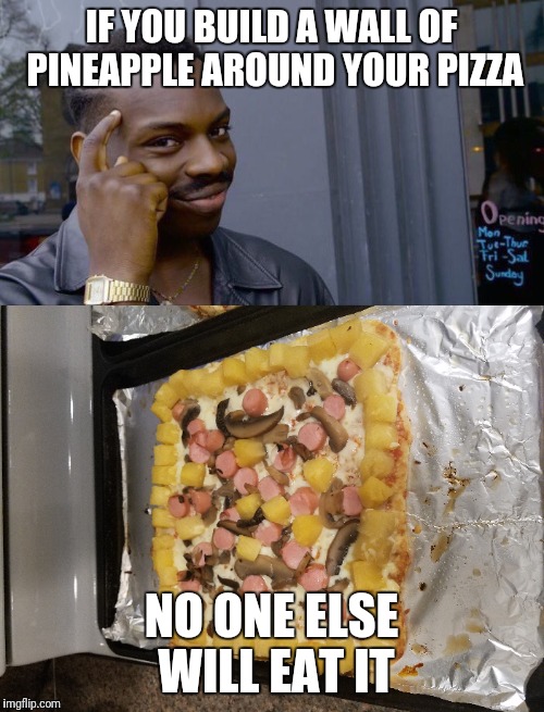 I have made Trump's pizza | IF YOU BUILD A WALL OF PINEAPPLE AROUND YOUR PIZZA; NO ONE ELSE WILL EAT IT | image tagged in roll safe think about it,pizza,wall,maga,trump wall,donald trump | made w/ Imgflip meme maker