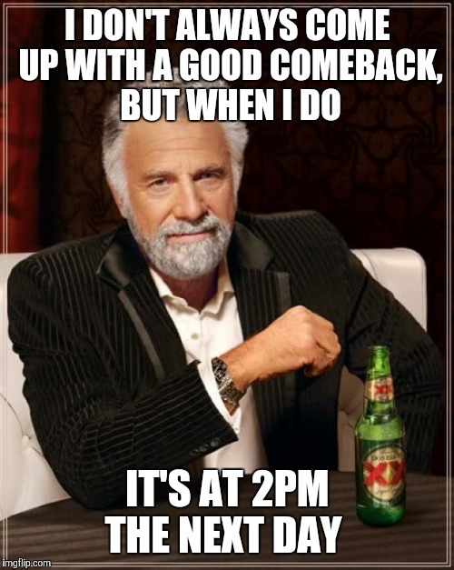The Most Interesting Man In The World Meme | I DON'T ALWAYS COME UP WITH A GOOD COMEBACK, BUT WHEN I DO IT'S AT 2PM THE NEXT DAY | image tagged in memes,the most interesting man in the world | made w/ Imgflip meme maker