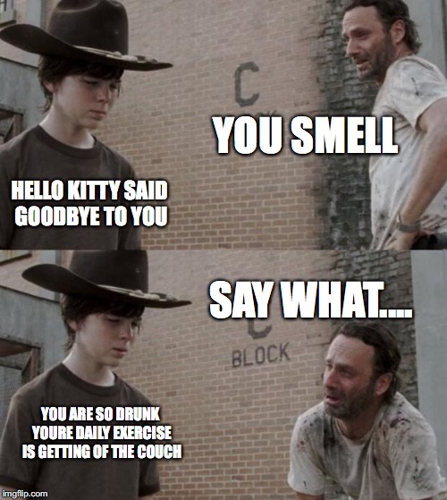 Rick and Carl | YOU SMELL; HELLO KITTY SAID GOODBYE TO YOU; SAY WHAT.... YOU ARE SO DRUNK YOURE DAILY EXERCISE IS GETTING OF THE COUCH | image tagged in memes,rick and carl | made w/ Imgflip meme maker