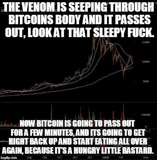 THE VENOM IS SEEPING THROUGH BITCOINS BODY AND IT PASSES OUT, LOOK AT THAT SLEEPY FUCK. NOW BITCOIN IS GOING TO PASS OUT FOR A FEW MINUTES, AND ITS GOING TO GET RIGHT BACK UP AND START EATING ALL OVER AGAIN, BECAUSE IT'S A HUNGRY LITTLE BASTARD. | made w/ Imgflip meme maker