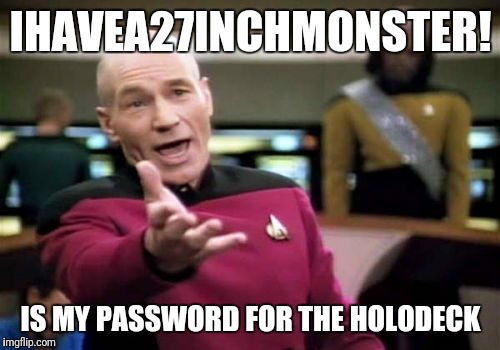Picard Wtf Meme | IHAVEA27INCHMONSTER! IS MY PASSWORD FOR THE HOLODECK | image tagged in memes,picard wtf | made w/ Imgflip meme maker