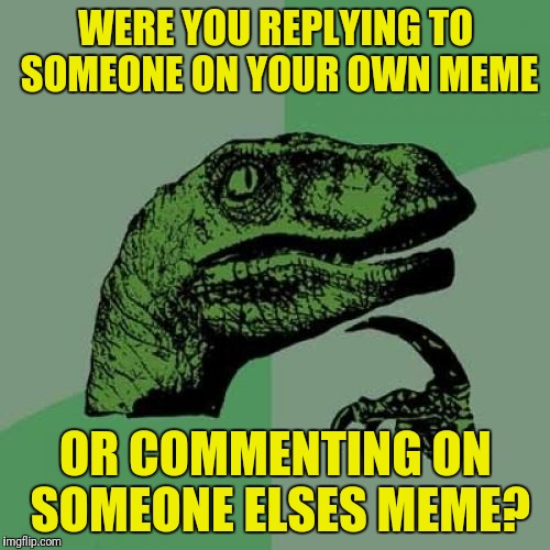 Philosoraptor Meme | WERE YOU REPLYING TO SOMEONE ON YOUR OWN MEME OR COMMENTING ON SOMEONE ELSES MEME? | image tagged in memes,philosoraptor | made w/ Imgflip meme maker