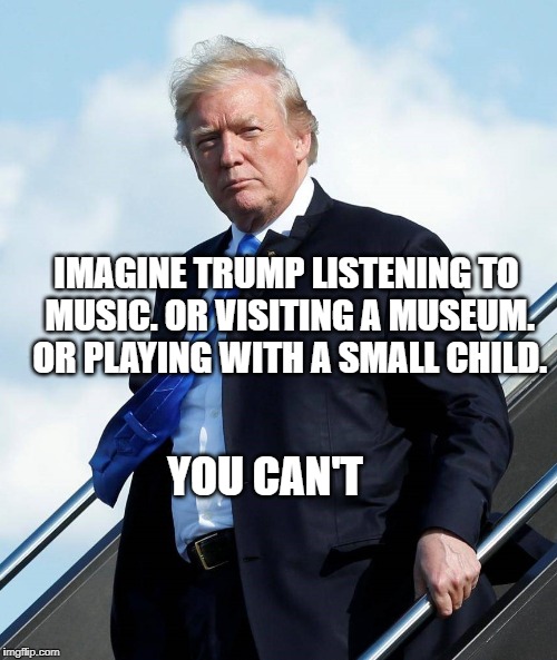 Just imagine | IMAGINE TRUMP LISTENING TO MUSIC. OR VISITING A MUSEUM. OR PLAYING WITH A SMALL CHILD. YOU CAN'T | image tagged in trump | made w/ Imgflip meme maker