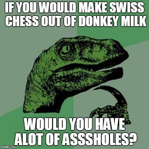 Philosoraptor Meme | IF YOU WOULD MAKE SWISS CHESS OUT OF DONKEY MILK; WOULD YOU HAVE ALOT OF ASSSHOLES? | image tagged in memes,philosoraptor | made w/ Imgflip meme maker