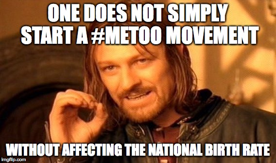 One Does Not Simply Meme | ONE DOES NOT SIMPLY START A #METOO MOVEMENT; WITHOUT AFFECTING THE NATIONAL BIRTH RATE | image tagged in memes,one does not simply | made w/ Imgflip meme maker