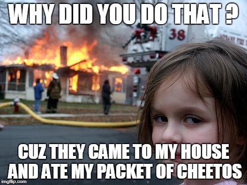 Disaster Girl Meme | WHY DID YOU DO THAT ? CUZ THEY CAME TO MY HOUSE AND ATE MY PACKET OF CHEETOS | image tagged in memes,disaster girl | made w/ Imgflip meme maker