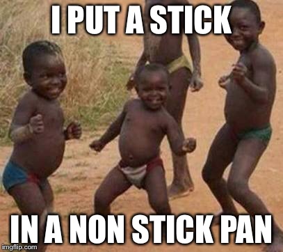 I PUT A STICK; IN A NON STICK PAN | image tagged in funny memes,bad puns,meme | made w/ Imgflip meme maker