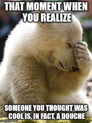 Facepalm Bear | THAT MOMENT WHEN YOU REALIZE; SOMEONE YOU THOUGHT WAS COOL IS, IN FACT, A DOUCHE | image tagged in memes,facepalm bear | made w/ Imgflip meme maker