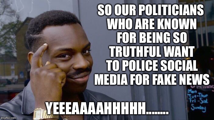 Roll Safe Think About It Meme | SO OUR POLITICIANS WHO ARE KNOWN FOR BEING SO TRUTHFUL WANT TO POLICE SOCIAL MEDIA FOR FAKE NEWS; YEEEAAAAHHHHH........ | image tagged in memes,roll safe think about it | made w/ Imgflip meme maker