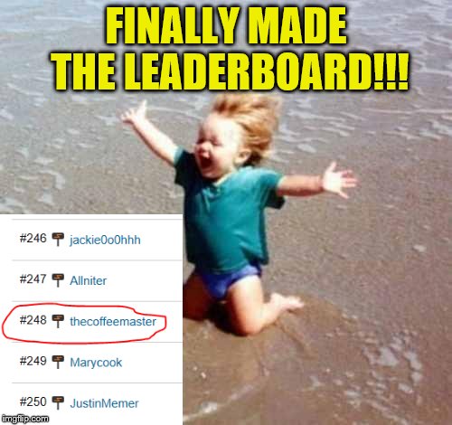 Only 247 spots to go till I reach #1! | FINALLY MADE THE LEADERBOARD!!! | image tagged in celebration,leaderboard | made w/ Imgflip meme maker