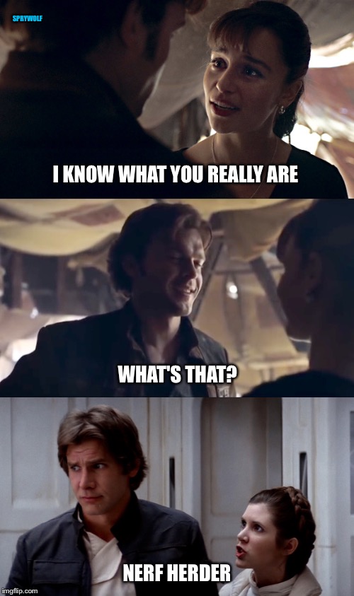 Im a Scoundrel | SPRYWOLF; I KNOW WHAT YOU REALLY ARE; WHAT'S THAT? NERF HERDER | image tagged in han solo,princess leia,qi'ra,nerf herder,star wars,star wars meme | made w/ Imgflip meme maker