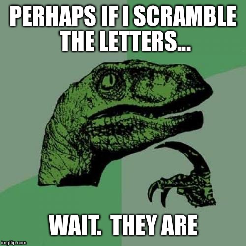 Philosoraptor Meme | PERHAPS IF I SCRAMBLE THE LETTERS... WAIT.  THEY ARE | image tagged in memes,philosoraptor | made w/ Imgflip meme maker