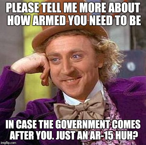 Creepy Condescending Wonka | PLEASE TELL ME MORE ABOUT HOW ARMED YOU NEED TO BE; IN CASE THE GOVERNMENT COMES AFTER YOU. JUST AN AR-15 HUH? | image tagged in memes,creepy condescending wonka | made w/ Imgflip meme maker