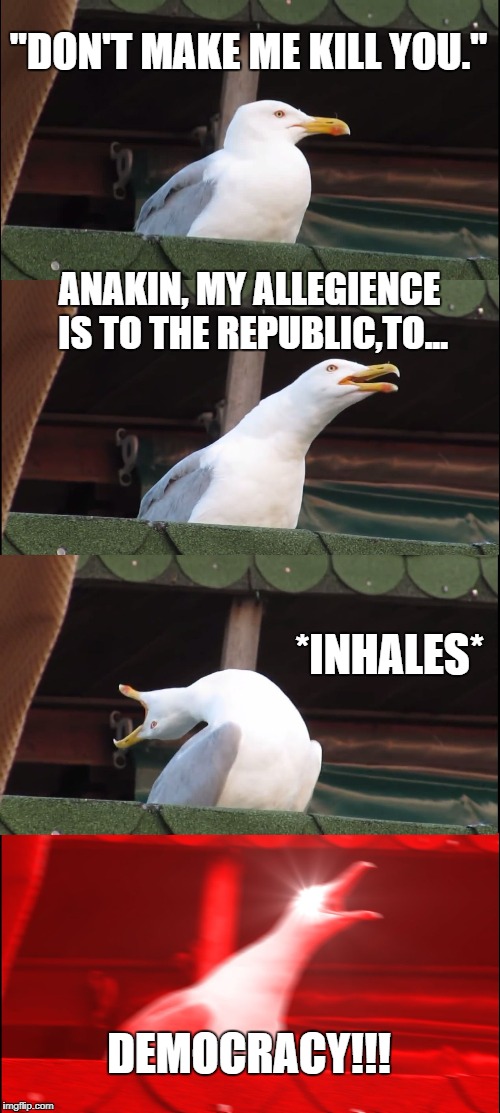 Inhaling Seagull | "DON'T MAKE ME KILL YOU."; ANAKIN, MY ALLEGIENCE IS TO THE REPUBLIC,TO... *INHALES*; DEMOCRACY!!! | image tagged in memes,inhaling seagull,funny,anakin skywalker,star wars | made w/ Imgflip meme maker