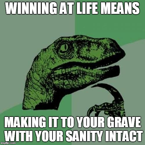 Good Luck With That | WINNING AT LIFE MEANS; MAKING IT TO YOUR GRAVE WITH YOUR SANITY INTACT | image tagged in memes,philosoraptor,sanity,insanity,life,the meaning of life | made w/ Imgflip meme maker