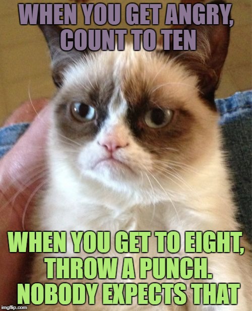 Grumpy Cat Meme | WHEN YOU GET ANGRY, COUNT TO TEN; WHEN YOU GET TO EIGHT, THROW A PUNCH. NOBODY EXPECTS THAT | image tagged in memes,grumpy cat | made w/ Imgflip meme maker