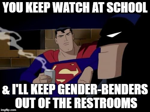 Guns for all | YOU KEEP WATCH AT SCHOOL; & I'LL KEEP GENDER-BENDERS OUT OF THE RESTROOMS | image tagged in memes,batman and superman | made w/ Imgflip meme maker