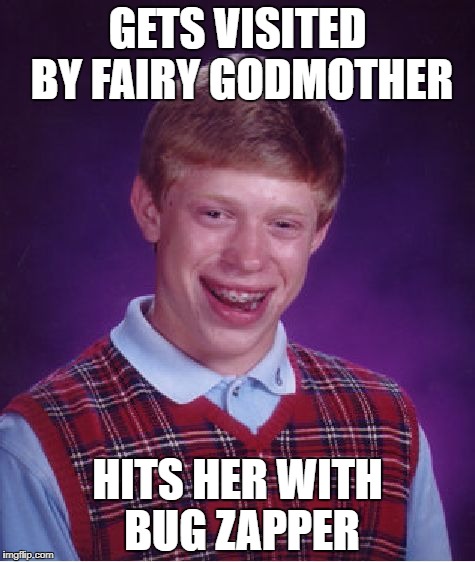Bad Luck Brian Meme | GETS VISITED BY FAIRY GODMOTHER; HITS HER WITH BUG ZAPPER | image tagged in memes,bad luck brian | made w/ Imgflip meme maker