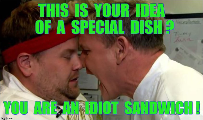 THIS  IS  YOUR  IDEA  OF  A  SPECIAL  DISH ? YOU  ARE  AN  IDIOT  SANDWICH ! | made w/ Imgflip meme maker