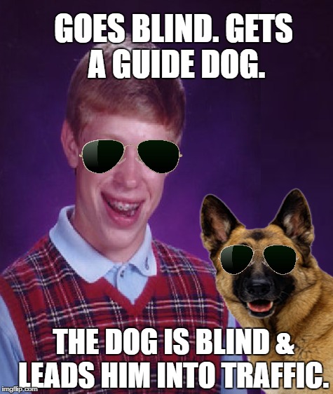 Bad Luck Brian Blind | GOES BLIND. GETS A GUIDE DOG. THE DOG IS BLIND & LEADS HIM INTO TRAFFIC. | image tagged in funny memes,bad luck brian,seeing eye dog | made w/ Imgflip meme maker