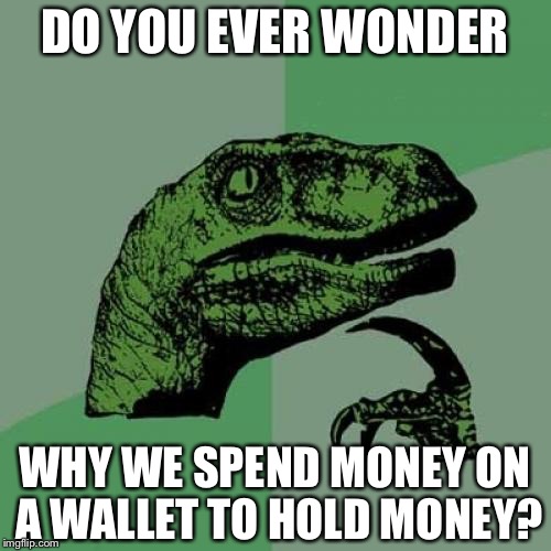 Philosoraptor Meme | DO YOU EVER WONDER; WHY WE SPEND MONEY ON A WALLET TO HOLD MONEY? | image tagged in memes,philosoraptor,money | made w/ Imgflip meme maker