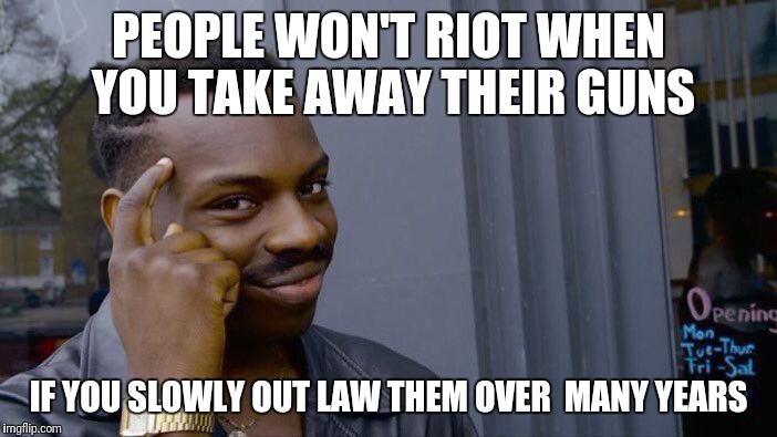 Don't Let them Pass ANY gun laws.  Ever. This is their plan. | PEOPLE WON'T RIOT WHEN YOU TAKE AWAY THEIR GUNS; IF YOU SLOWLY OUT LAW THEM OVER  MANY YEARS | image tagged in memes,roll safe think about it | made w/ Imgflip meme maker