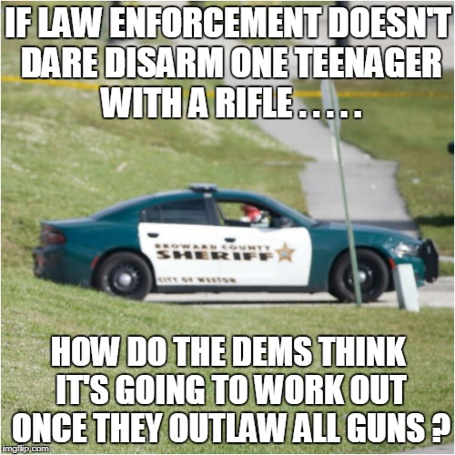 Cowards of Broward...and everywhere else? | IF LAW ENFORCEMENT DOESN'T DARE DISARM ONE TEENAGER WITH A RIFLE . . . . . HOW DO THE DEMS THINK IT'S GOING TO WORK OUT ONCE THEY OUTLAW ALL GUNS ? | image tagged in gun control | made w/ Imgflip meme maker