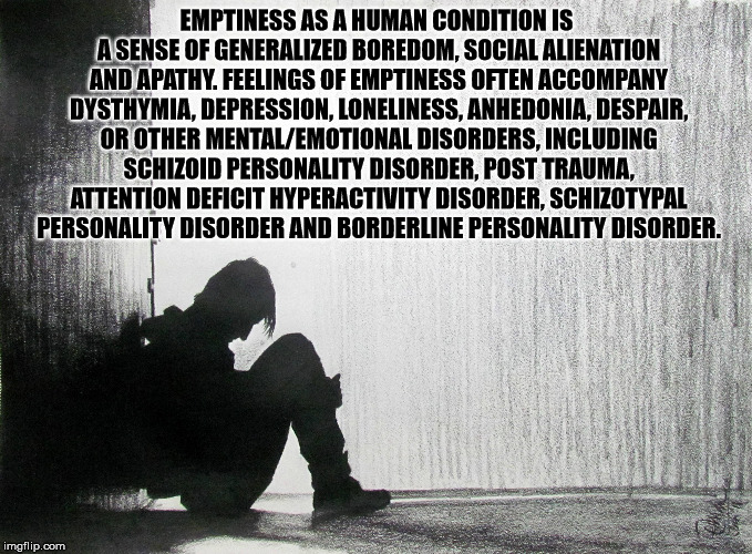 EMPTINESS AS A HUMAN CONDITION IS A SENSE OF GENERALIZED BOREDOM, SOCIAL ALIENATION AND APATHY. FEELINGS OF EMPTINESS OFTEN ACCOMPANY DYSTHYMIA, DEPRESSION, LONELINESS, ANHEDONIA, DESPAIR, OR OTHER MENTAL/EMOTIONAL DISORDERS, INCLUDING SCHIZOID PERSONALITY DISORDER, POST TRAUMA, ATTENTION DEFICIT HYPERACTIVITY DISORDER, SCHIZOTYPAL PERSONALITY DISORDER AND BORDERLINE PERSONALITY DISORDER. | made w/ Imgflip meme maker