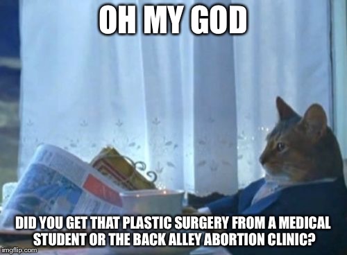 I Should Buy A Boat Cat | OH MY GOD; DID YOU GET THAT PLASTIC SURGERY FROM A MEDICAL STUDENT OR THE BACK ALLEY ABORTION CLINIC? | image tagged in memes,i should buy a boat cat | made w/ Imgflip meme maker