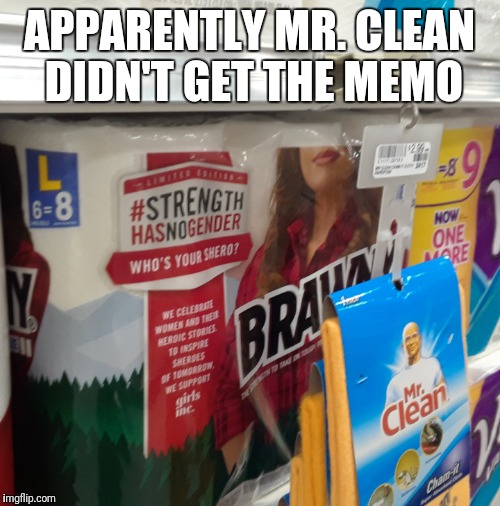 Brawny  | APPARENTLY MR. CLEAN DIDN'T GET THE MEMO | image tagged in gender identity | made w/ Imgflip meme maker