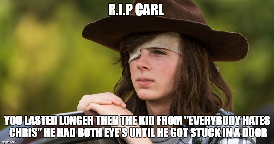 rip carl | R.I.P CARL; YOU LASTED LONGER THEN THE KID FROM "EVERYBODY HATES CHRIS" HE HAD BOTH EYE'S UNTIL HE GOT STUCK IN A DOOR | image tagged in the walking dead | made w/ Imgflip meme maker
