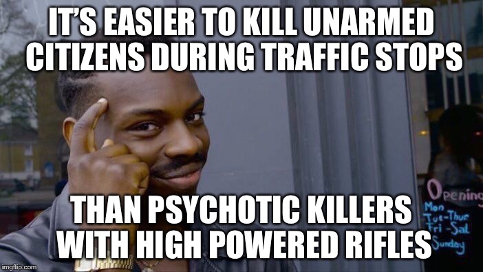 Roll Safe Think About It Meme | IT’S EASIER TO KILL UNARMED CITIZENS DURING TRAFFIC STOPS THAN PSYCHOTIC KILLERS WITH HIGH POWERED RIFLES | image tagged in memes,roll safe think about it | made w/ Imgflip meme maker