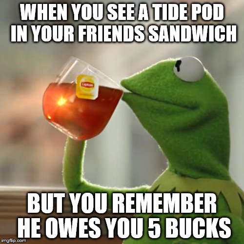 None of my business | WHEN YOU SEE A TIDE POD IN YOUR FRIENDS SANDWICH; BUT YOU REMEMBER HE OWES YOU 5 BUCKS | image tagged in memes,but thats none of my business,kermit the frog,tide pods | made w/ Imgflip meme maker