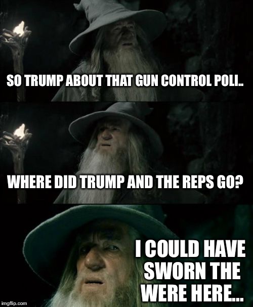 Trumps gun control policy | SO TRUMP ABOUT THAT GUN CONTROL POLI.. WHERE DID TRUMP AND THE REPS GO? I COULD HAVE SWORN THE WERE HERE... | image tagged in memes,gun control,policy,school,school shooting,trump | made w/ Imgflip meme maker
