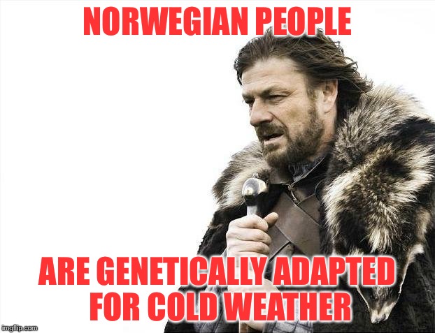 Brace Yourselves X is Coming Meme | NORWEGIAN PEOPLE ARE GENETICALLY ADAPTED FOR COLD WEATHER | image tagged in memes,brace yourselves x is coming | made w/ Imgflip meme maker