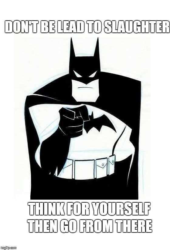 DON'T BE LEAD TO SLAUGHTER; THINK FOR YOURSELF; THEN GO FROM THERE | image tagged in batman,meme | made w/ Imgflip meme maker