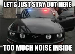 LET'S JUST STAY OUT HERE TOO MUCH NOISE INSIDE | image tagged in unmarked cop car | made w/ Imgflip meme maker