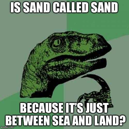 Philosoraptor | IS SAND CALLED SAND; BECAUSE IT’S JUST BETWEEN SEA AND LAND? | image tagged in memes,philosoraptor | made w/ Imgflip meme maker