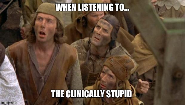 Monty Python Peasants | WHEN LISTENING TO... THE CLINICALLY STUPID | image tagged in monty python peasants | made w/ Imgflip meme maker