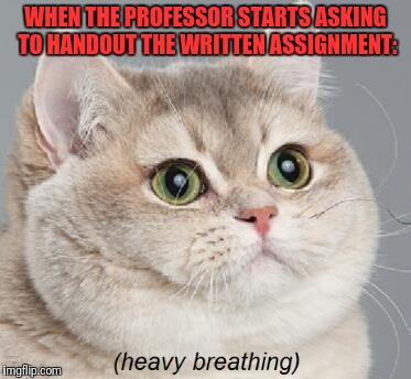 I forgot okay..  | WHEN THE PROFESSOR STARTS ASKING TO HANDOUT THE WRITTEN ASSIGNMENT: | image tagged in memes,heavy breathing cat,i forgot,homework | made w/ Imgflip meme maker