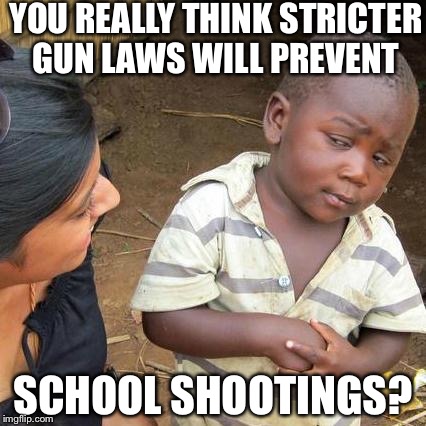 Third World Skeptical Kid Meme | YOU REALLY THINK STRICTER GUN
LAWS WILL PREVENT; SCHOOL SHOOTINGS? | image tagged in memes,third world skeptical kid | made w/ Imgflip meme maker