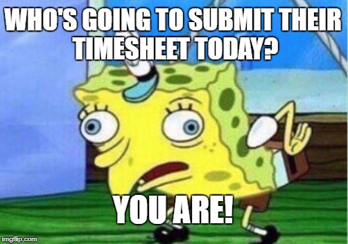 Mocking Spongebob Meme | WHO'S GOING TO SUBMIT
THEIR TIMESHEET TODAY? YOU ARE! | image tagged in memes,mocking spongebob | made w/ Imgflip meme maker