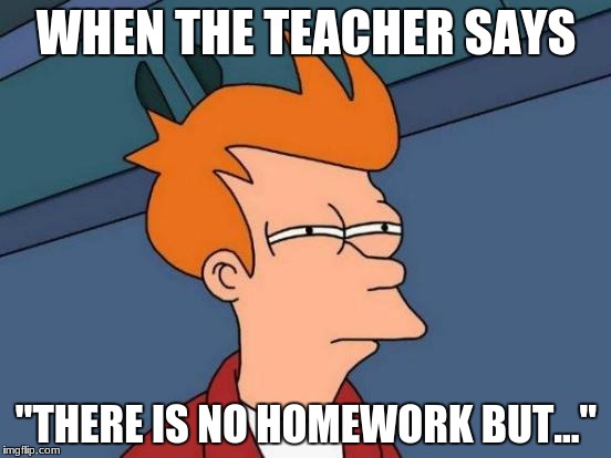 Futurama Fry | WHEN THE TEACHER SAYS; "THERE IS NO HOMEWORK BUT..." | image tagged in memes,futurama fry | made w/ Imgflip meme maker