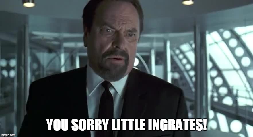 Sorry little ingrates!  | YOU SORRY LITTLE INGRATES! | image tagged in men in black meme | made w/ Imgflip meme maker