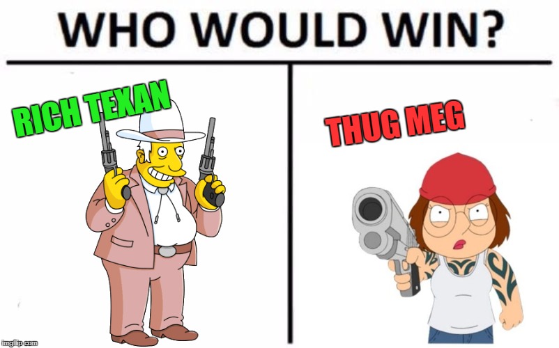 Who Would Win? | RICH TEXAN; THUG MEG | image tagged in memes,who would win | made w/ Imgflip meme maker