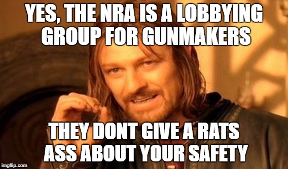 One Does Not Simply Meme | YES, THE NRA IS A LOBBYING GROUP FOR GUNMAKERS THEY DONT GIVE A RATS ASS ABOUT YOUR SAFETY | image tagged in memes,one does not simply | made w/ Imgflip meme maker