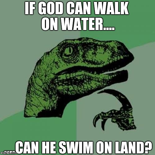 My brother asks the dumbest questions.... | IF GOD CAN WALK ON WATER.... ....CAN HE SWIM ON LAND? | image tagged in memes,philosoraptor | made w/ Imgflip meme maker