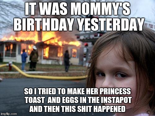 Disaster Girl Meme | IT WAS MOMMY'S BIRTHDAY YESTERDAY; SO I TRIED TO MAKE HER PRINCESS TOAST  AND EGGS IN THE INSTAPOT AND THEN THIS SHIT HAPPENED | image tagged in memes,disaster girl | made w/ Imgflip meme maker