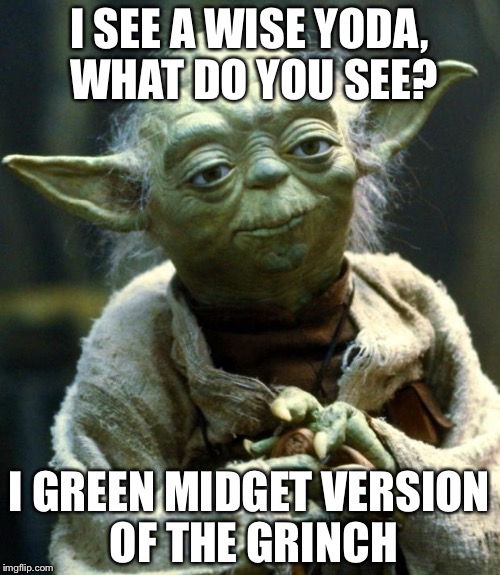 Star Wars Yoda | I SEE A WISE YODA, WHAT DO YOU SEE? I GREEN MIDGET VERSION OF THE GRINCH | image tagged in memes,star wars yoda | made w/ Imgflip meme maker
