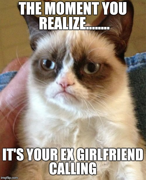 Grumpy Cat Meme | THE MOMENT YOU REALIZE........ IT'S YOUR EX GIRLFRIEND CALLING | image tagged in memes,grumpy cat | made w/ Imgflip meme maker